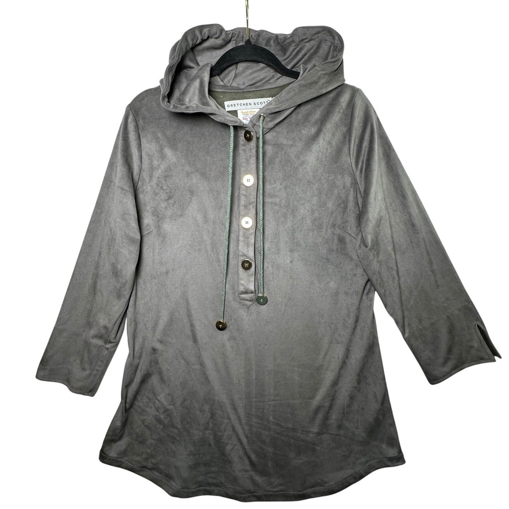 Gretchen Scott Womens Gray Hooded Henley Tunic Top Size S A-Line Pullover - Picture 2 of 6